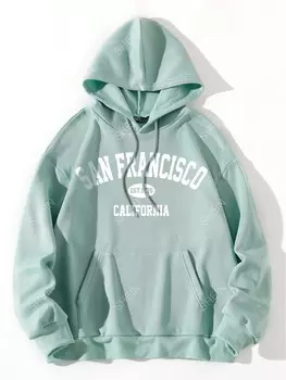 EZwear Plus Толстовка Способен сохранять тепло буквенная графика Сумка-кенгуру, ремень Shein, мятно-зеленый