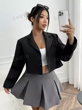 EZwear Plus Укороченный пиджак с воротником Shein, черный