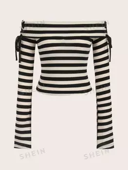 EZwear Полосатая футболка, открытые плечи, завязки сбоку Shein, мультиколор