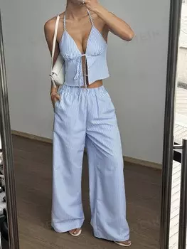 EZwear: Полосатая майка и эластичные прямые брюки, Женский повседневный комплект из двух предметов Shein, синий