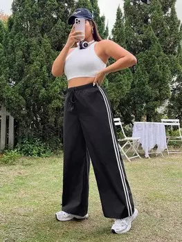 EZwear Повседневные брюки больших размеров, полоски по бокам, кулиска, длинные, подходят для повседневной носки Shein, черный