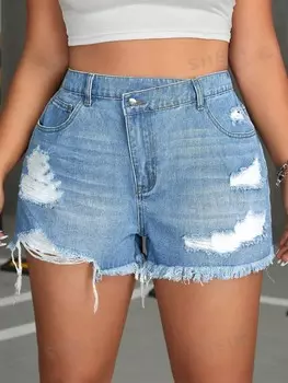EZwear, Повседневные джинсовые шорты с асимметричной талией, большие размеры, рваный потертый подол, летние Shein, синий