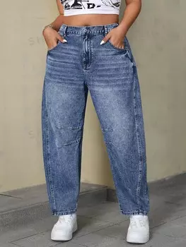 EZwear Повседневные джинсы, Прямые ноги, комфорт. Имеются карманы и петля на талии. Бледно окрашенная ткань Очень большой размер Shein, синий