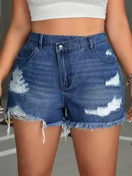 EZwear Повседневные женские джинсовые шорты больших размеров с потертыми деталями, карманами и потертым краем Shein, синий