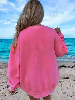 EZwear Повседневный и простой летний свободный свитер больших размеров с круглым вырезом и длинными рукавами Shein, ярко-розовый