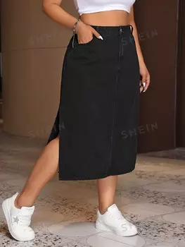 EZwear Простая однотонная джинсовая юбка большого размера для повседневной носки Shein, черный