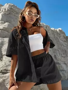 EZwear: Простая рубашка с пуговицами спереди, заниженной линией плеча и шортами Shein, черный