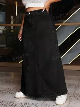 EZwear Простая женская однотонная джинсовая юбка большого размера для повседневной носки Shein, черный