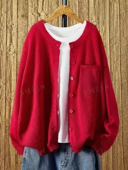 EZwear Простой женский однотонный кардиган больших размеров с длинными рукавами для повседневной носки Shein, красный