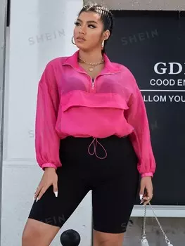 EZwear Рубашка больших размеров с полумолнией, шнуровкой, заниженной линией плеч и велосипедками Shein, мультиколор