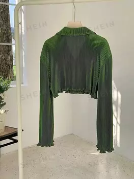 EZwear Рубашка больших размеров Женская летняя отпускная жатая текстурированная укороченная Рубашка с длинными рукавами зеленая Shein, зеленый