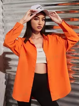 EZwear Рубашка оверсайз, однотонная, заниженная линия плеча, передний ряд пуговиц Shein, апельсиновый