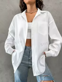 EZwear Рубашка оверсайз, Рубашка с воротником, передний карман Shein, белый