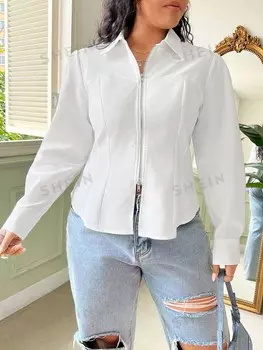 EZwear Рубашка принцессы больших размеров, талия из пряжи, двойная молния Shein, белый