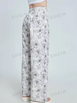 EZwear Широкие брюки больших размеров с высокой талией и чернильным принтом Shein, белый