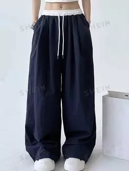 EZwear Широкие брюки, свободные штанины, карманы, кулиска на талии, контрастные цвета для женщин больших размеров Shein, мультиколор