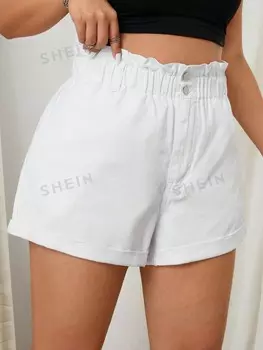 EZwear Шорты больших размеров, эластичный пояс, рюши, боковые складки, джинсовые, сексуальные, мини Shein, белый