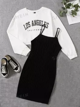 EZwear Свитер и платье-майка, черный, большие размеры Shein, черно-белый