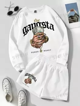 EZwear Свитер из двух частей с узором «Знак доллара» и «Power Monkey», свободная талия и шорты, большой размер для женщин, подходит для осенней и зимней одежды Shein, белый