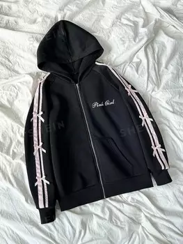 EZwear Свитер на молнии с длинными рукавами, бантом и контрастной отделкой Shein, черный