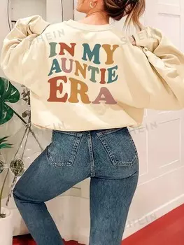 EZwear Свитер с круглым вырезом Для женщин больших размеров Напечатаны мультяшные узоры и лозунги. В эпоху моей тети Shein, абрикосовый