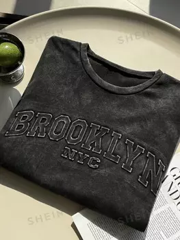 EZwear Свободная футболка, объемные буквы, старинный стиль, репродукция, большой размер Shein, темно-серый