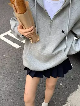 EZwear Свободная худи на молнии спереди с кружевом Графический принт для женщин, носится осенью/зимой Shein, серый