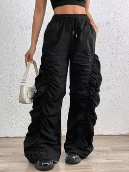 EZwear Свободные брюки с парашютом На талии кулиска, плиссированная Shein, черный