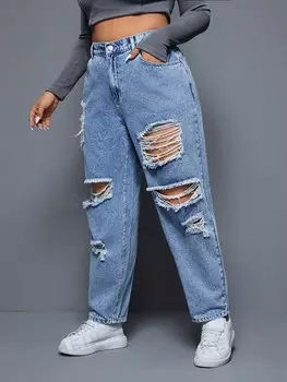 EZwear Свободные Рваные джинсы больших размеров Shein, светло-голубой
