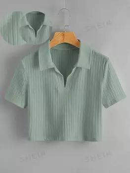 EZwear Укороченный топ больших размеров, трикотаж в рубчик, без рисунка Shein, мятно-зеленый