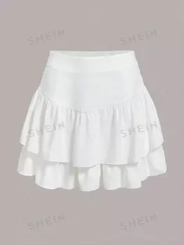 EZwear Высокая талия, двойной слой, подол, белый, короткая юбка Shein, белый