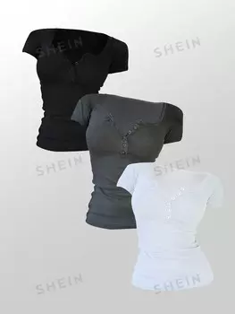 EZwear Женская футболка, однотонная, повседневная, с коротким рукавом Shein, мультиколор