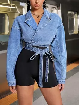 EZwear Женская куртка с воротником, длинными рукавами и завязками для путешествий и повседневной носки Shein, синий