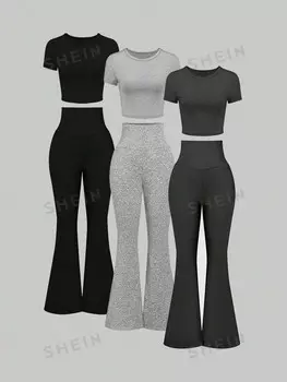 EZwear, Женская летняя однотонная футболка размера плюс с круглым вырезом, короткими рукавами и расклешенные брюки, повседневный комплект из двух предметов Shein, мультиколор