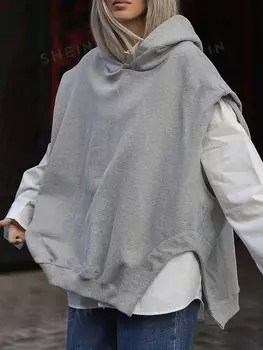 EZwear Женская однотонная флисовая толстовка с широкими плечами и боковыми разрезами для весны и осени Shein, серый