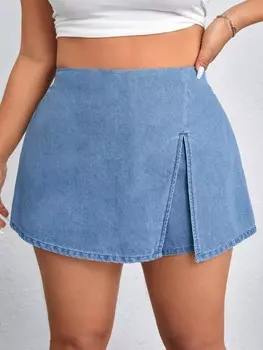 EZwear Женская повседневная джинсовая юбка больших размеров с разрезом по краю Shein, светло-голубой