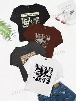 EZwear, Женская повседневная и простая укороченная футболка с круглым вырезом и короткими рукавами, комплект из 4 предметов Shein, мультиколор