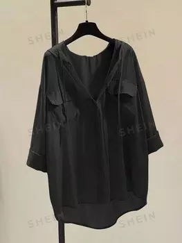 EZwear Женская простая однотонная повседневная рубашка с длинными рукавами, худи на шнурке Shein, черный