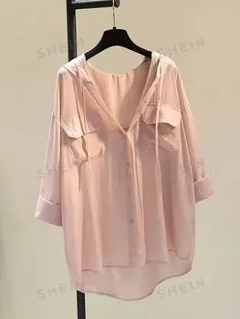 EZwear Женская простая повседневная рубашка с длинным рукавом Shein, шампанское