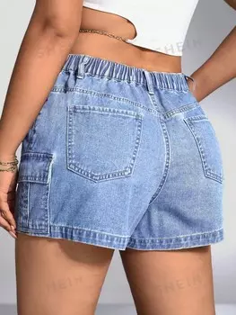 EZwear Женская рабочая одежда больших размеров джинсовые шорты с повседневными карманами Shein, светло-голубой