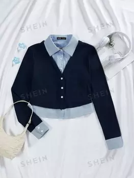 EZwear Женская рубашка, прошитая ткань, узор в полоску, длинные рукава Shein, мультиколор