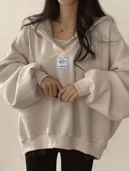 EZwear Женская толстовка с завязками на шнурке больших размеров с буквенными нашивками и заниженными плечами Shein, хаки