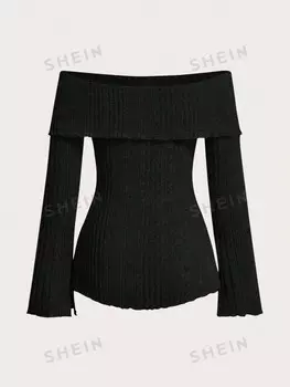 EZwear Женская трикотажная футболка больших размеров с открытыми плечами Shein, черный