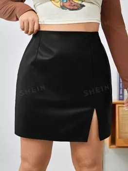 EZwear Женская трикотажная юбка из искусственной кожи больших размеров с разрезом по бокам Shein, черный