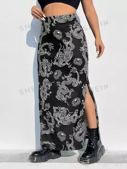 EZwear Женская юбка больших размеров с разрезом и узором дракона Shein, мультиколор