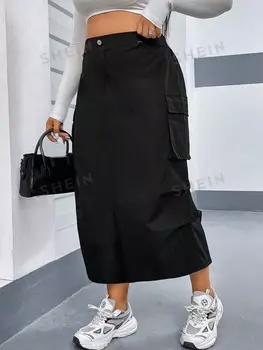 EZwear Женская юбка с карманами больших размеров Shein, черный