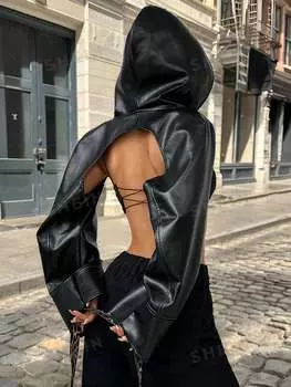 EZwear Женская укороченная куртка из искусственной кожи с капюшоном и длинными рукавами Shein, черный