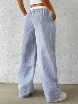 EZwear Женские брюки больших размеров из синего тканого материала с высокой талией и контрастной белой полоской Shein, синий