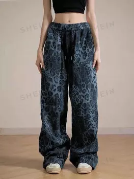EZwear Женские брюки большого размера Леопардовый принт, пояс на шнурке, удобно носить Shein, синий