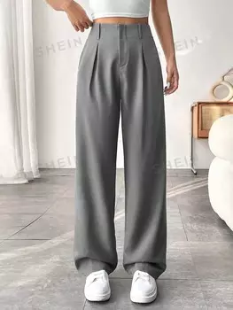 EZwear Женские брюки, Однотонные, плиссированные, прямого кроя, свободного кроя Shein, серый